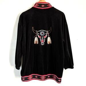 VTG‎ Milton Funwear Embroidered Full Zip Aztec Velour Jacket Western Tribal Cow